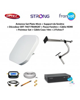 Antenne Sat Plate 40cm + Support de fenêtre + Décodeur SRT 7407 FRANSAT + Passe Fenêtre + Câble HDMI + Pointeur Sat + Câble Coax