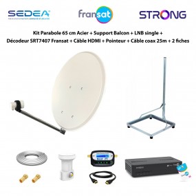 Kit Parabole 65cm Acier + Support Balcon + LNB Single + Décodeur SRT7407 Fransat + Câble HDMI + Pointeur + Câble Coax 25m + 2 fi