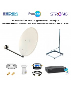 Kit Parabole 65cm Acier + Support Balcon + LNB Single + Décodeur SRT7407 Fransat + Câble HDMI + Pointeur + Câble Coax 25m + 2 fi
