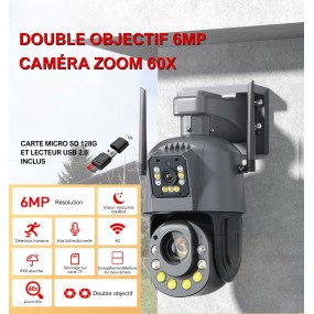 Caméra Surveillance Extérieure Double Objectif IP HD Sécurité 6MP 4G PTZ Sans Fil Zoom 60X+ Carte Micro SD 128G + Lecteur