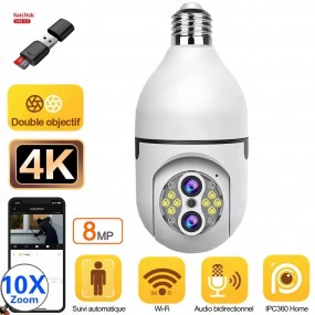 Caméra de Surveillance Intérieure Ampoule 4K 8MP Zoom 10X Sécurité à Domicile WiFi Suivi automatique + Lecteur + Carte Micro SD