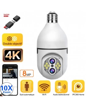 Caméra de Surveillance Intérieure Ampoule 4K 8MP Zoom 10X Sécurité à Domicile WiFi Suivi automatique + Lecteur + Carte Micro SD