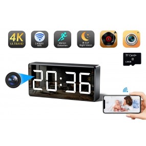 Mini caméra d'horloge de Sécurité WiFi 4K HD avec une application intelligente et détection de Mouvement + Carte micro TF SD 128
