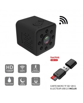 Mini caméra HD WiFi Petite Grand Angle 1080P Etanche Caméscope + Carte Micro TF SD 128Go + Lecteur USB 2.0 - DVR Sport Micro