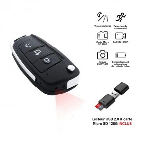 Mini Caméra Cachée Y3 Clé Voiture Full HD 1080P Détection de Mouvement Vision Nocturne Extérieur + Lecteur USB 2.0 + Carte SD 12