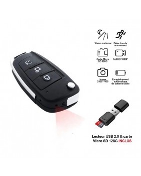 Mini Caméra Cachée Y3 Clé Voiture Full HD 1080P Détection de Mouvement Vision Nocturne Extérieur + Lecteur USB 2.0 + Carte SD 12