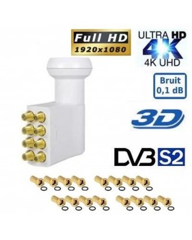 LNB OCTO PL-8, 0.1dB, High Gain 60DB Tête Parabole 8 sorties, Compatible Full HD 4K TNTSAT Canal+ Astra et FRANSAT + 16 fiches F