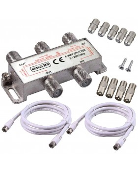 Pack répartiteur Splitter 1 entrée 4 sorties UHF/VHF/FM, 5 - 2500MHz + 2 Câbles coax 1.5m + 4 Fiches F + 5 connecteurs raccord F