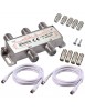 Pack répartiteur Splitter 1 entrée 4 sorties UHF/VHF/FM, 5 - 2500MHz + 2 Câbles coax 1.5m + 4 Fiches F + 5 connecteurs raccord F