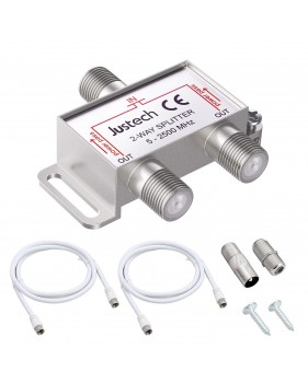 Justech 2-Voies Répartiteur Satellite 2500MHz Répartiteur TV Radio Adaptateur de Prise F Câble d'antenne Sat Répartiteur Métal