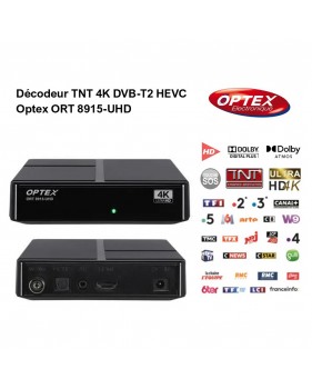 Décodeur TNT 4k BOX - DVB-T2 HEVC Optex ORT 8915-UHD Réception de qualité, enregistrement programme, chaînes gratuites HAUTE QUA