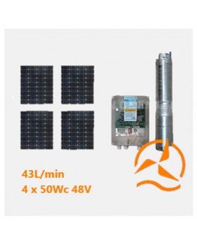 Kit solaire complet pompage 50 mètres 24-48 Volts 160 Watts 45 L/min avec 4 panneaux 50 W 12V